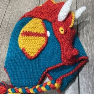 Hand knit Red Dragon Beanie 17% alpaca wool kids hat